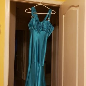 Maggie Sottero turquoise blue satin mermaid dress